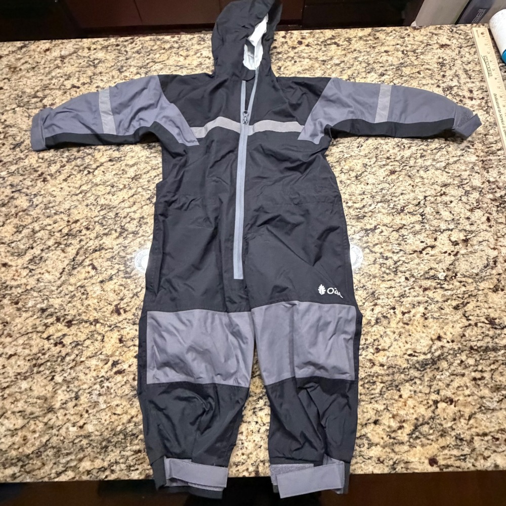 Oaki Kids 3T Trail Rain Suit Waterproof One Piece Hooded Coverall Black Gray ws